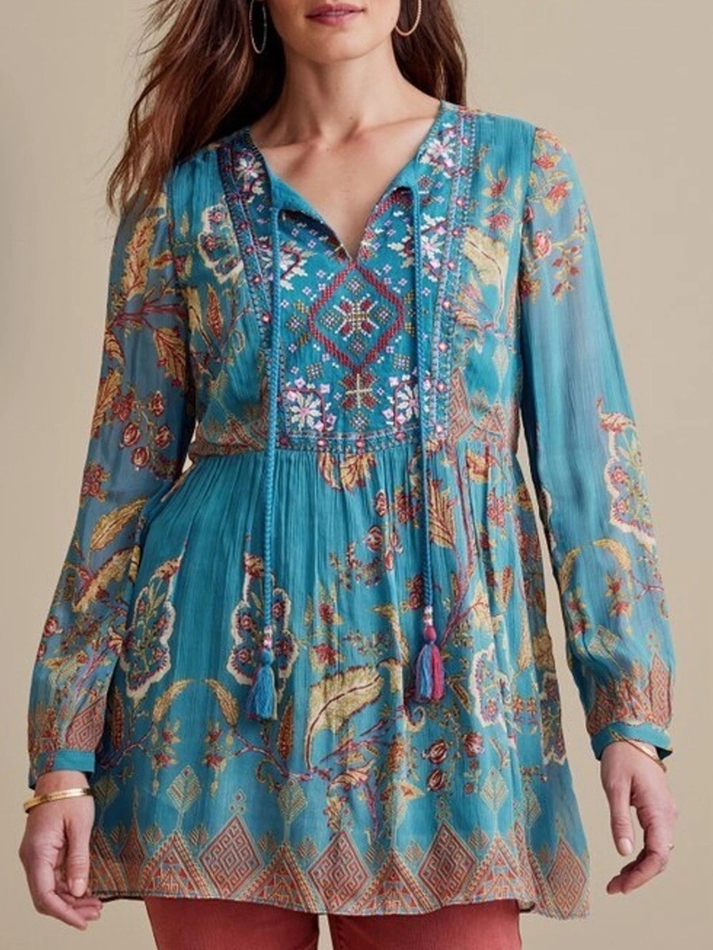 Bohemian Mirapani Teal Floral Embroidered Peasant Tunic Size M